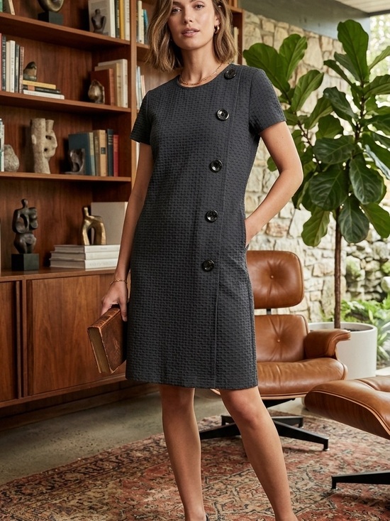 Dresses & Skirts - Ann Taylor Textured Black Short-Sleeve Midi Dress with Asymmetric Button Detail